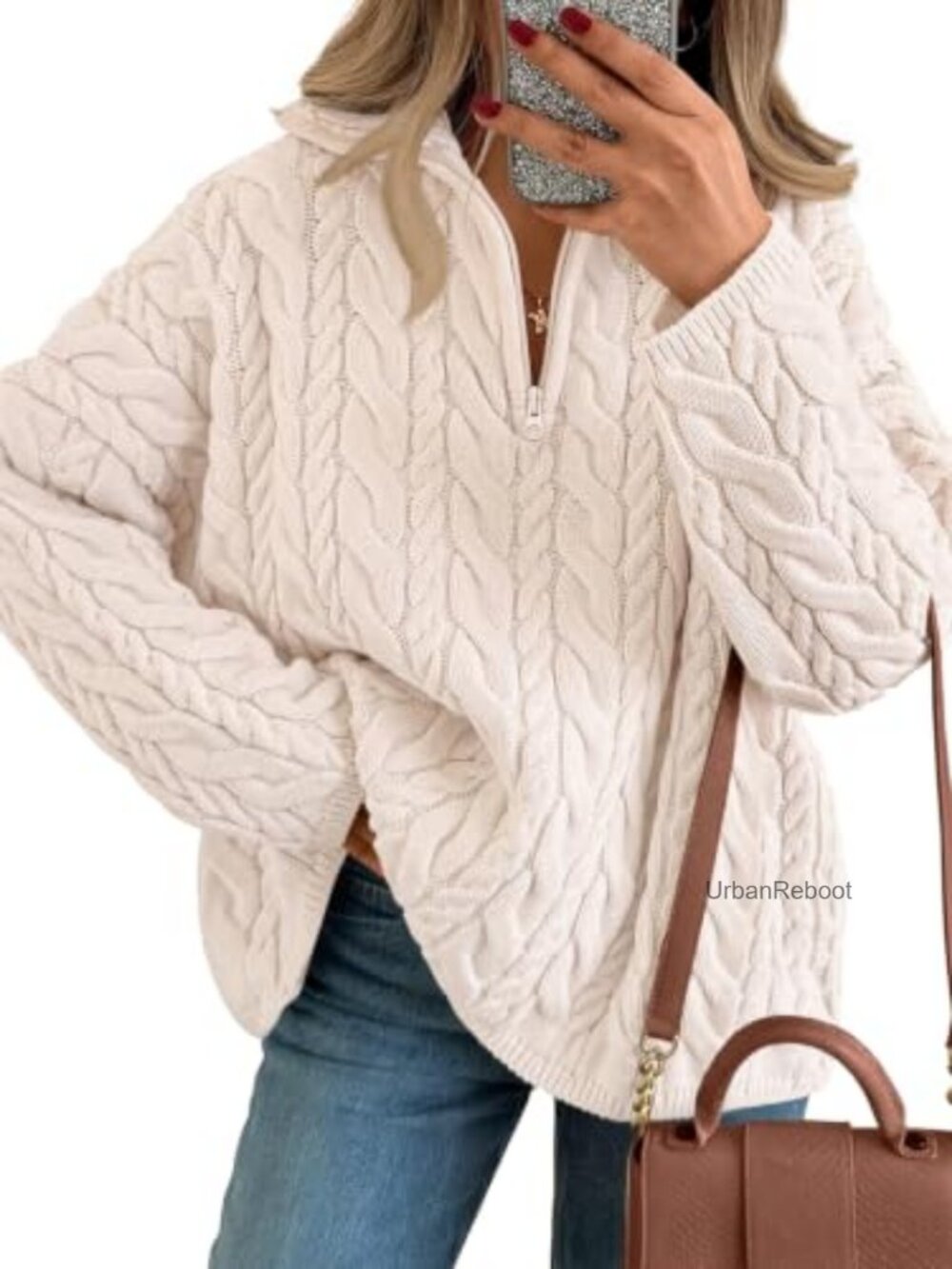 Oversized Chunky Cable Knit Quarter Zip Pullover Sweater Cotton Blend